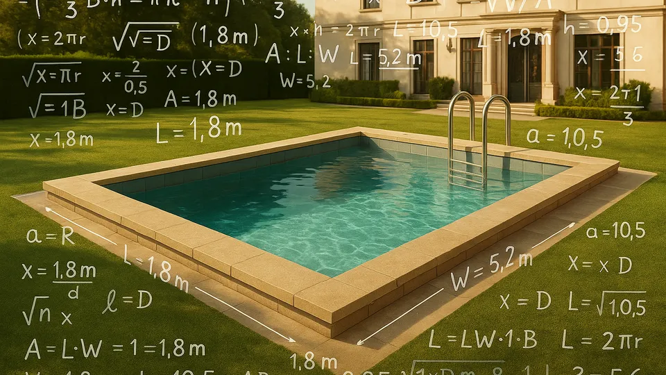 Uma imagem de uma piscina de alto padrão com vários números ao redor dela representando a complexidade dos cálculos para aquecimento de piscinas.