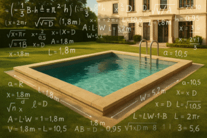 Uma imagem de uma piscina de alto padrão com vários números ao redor dela representando a complexidade dos cálculos para aquecimento de piscinas.